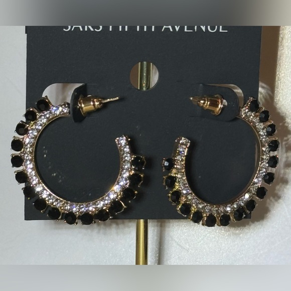 Saks Fifth Ave Gold Tone Black Crystal Open Hoop post Earrings - Picture 4 of 8